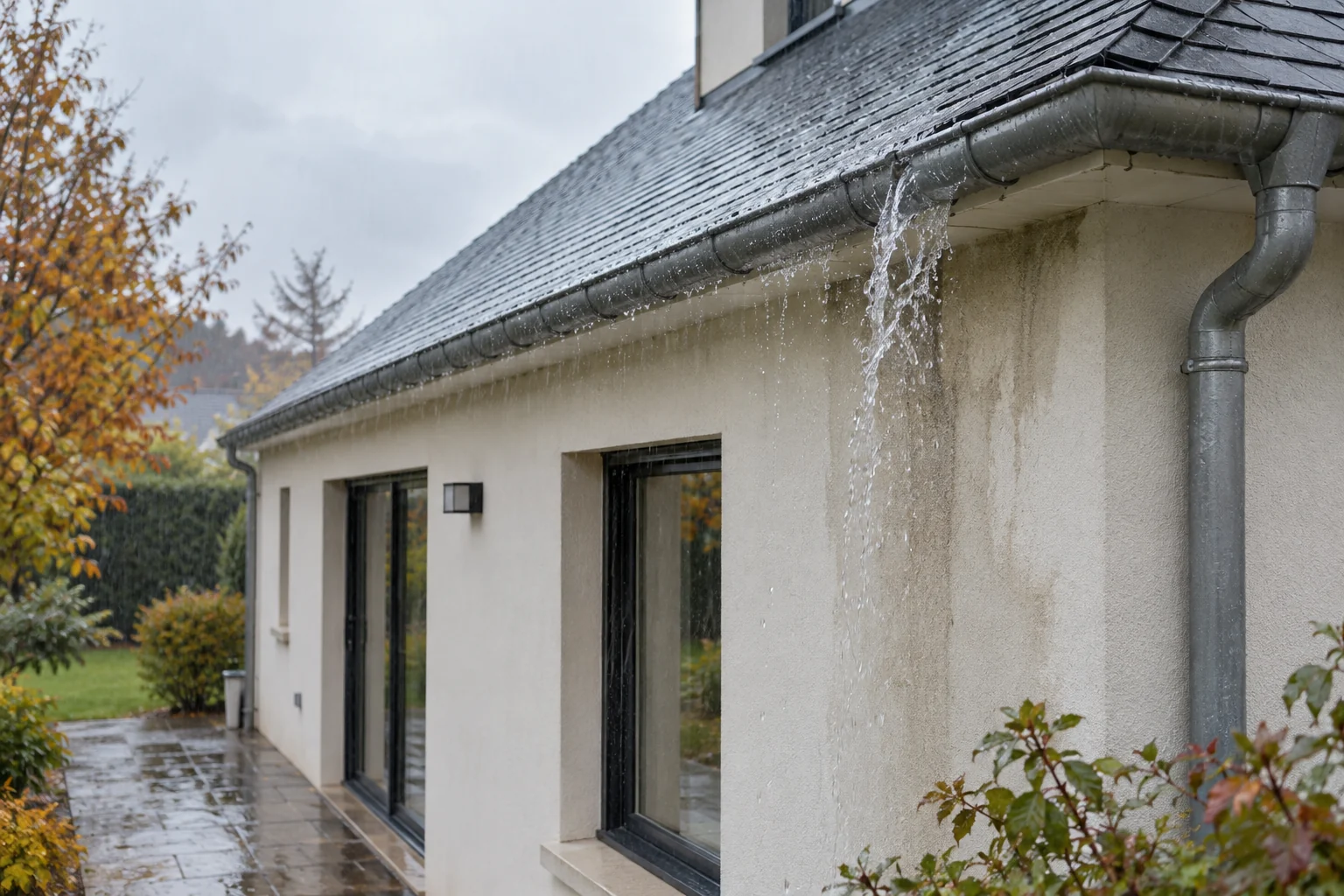 Gouttière qui déborde et eau de pluie ruisselant sur une façade