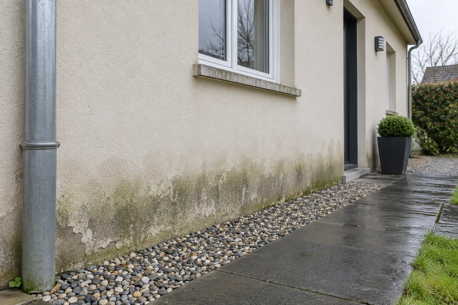Traces d’humidité visibles en bas d’une façade de maison