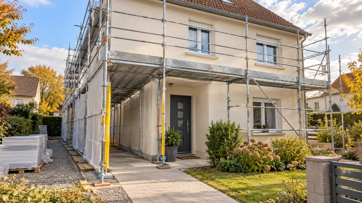 Maison habitée avec échafaudage de façade et cheminement d’entrée organisé pendant les travaux