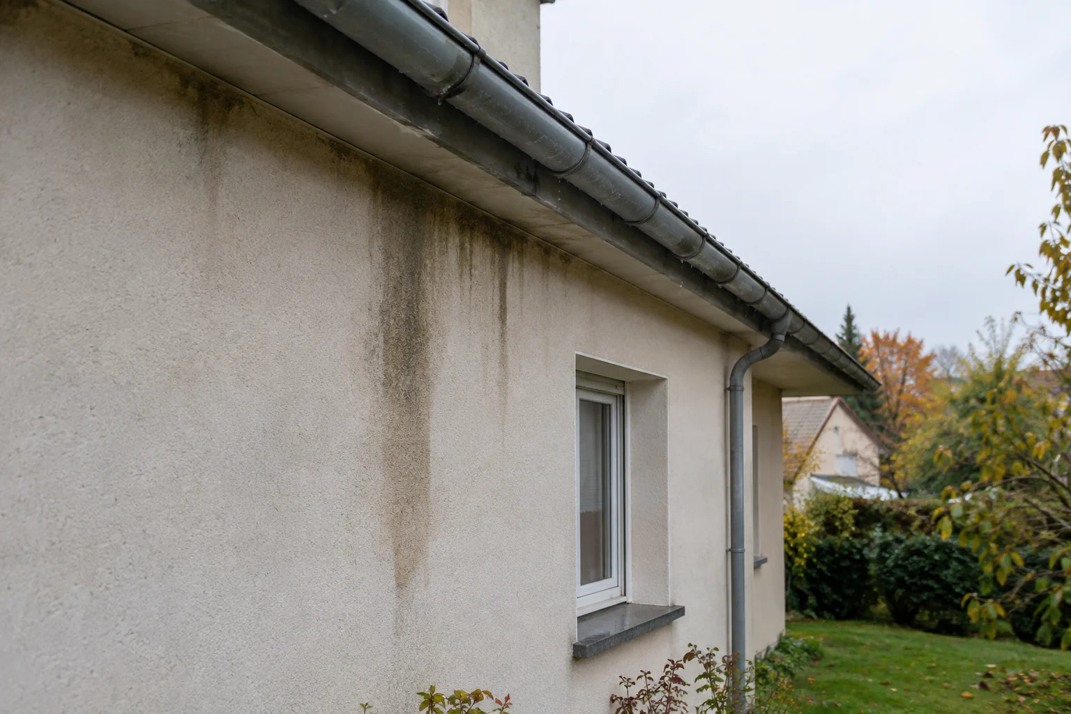 Traces de ruissellement sous une gouttière sur un enduit de façade