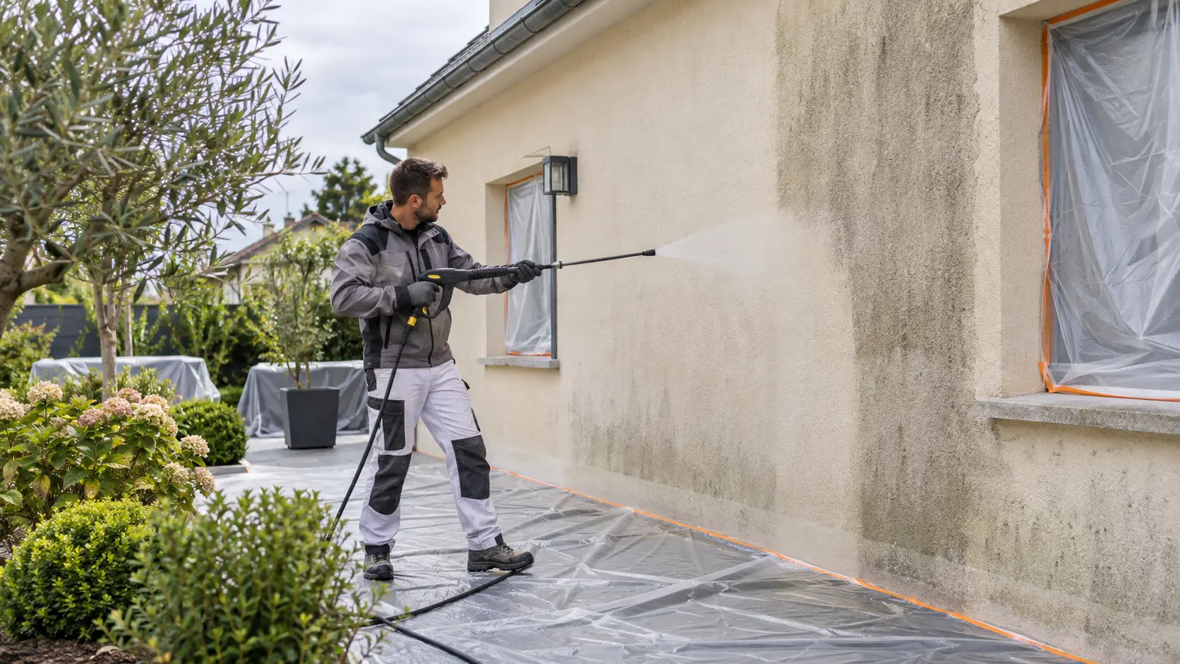 Façadier préparant un mur avant l'application d'une peinture extérieure