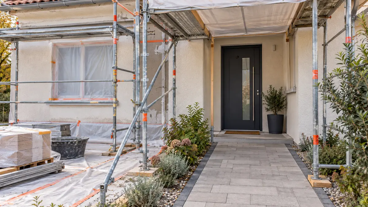 Accès à une porte d’entrée et protections des abords sur un chantier de rénovation de façade