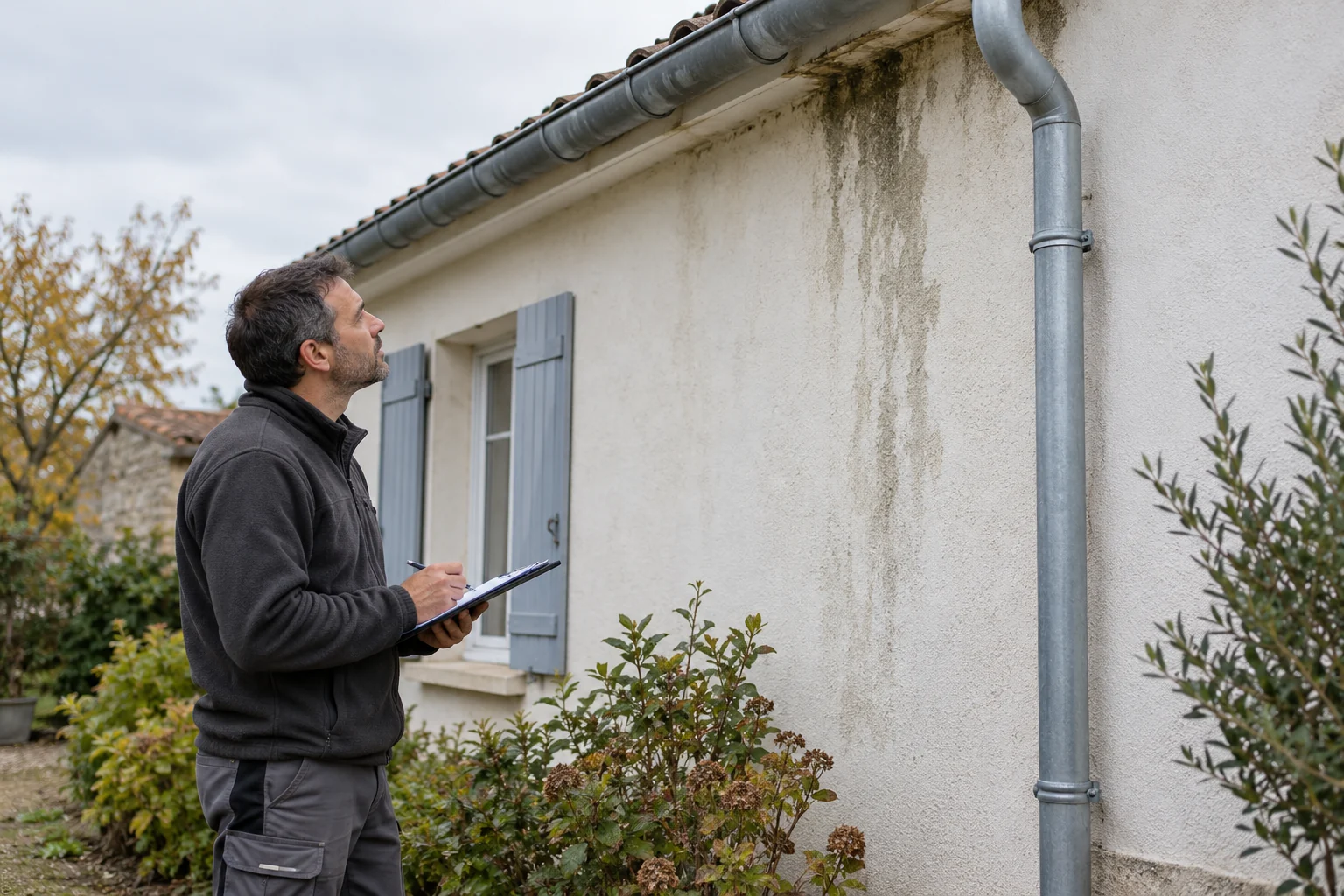 Professionnel examinant les traces d’eau et l’état du revêtement de façade