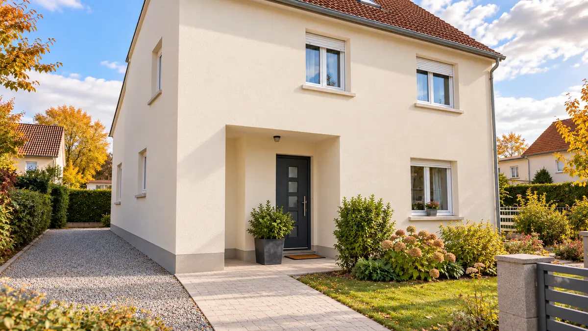 Maison rénovée après démontage de l’échafaudage avec entrée et abords dégagés