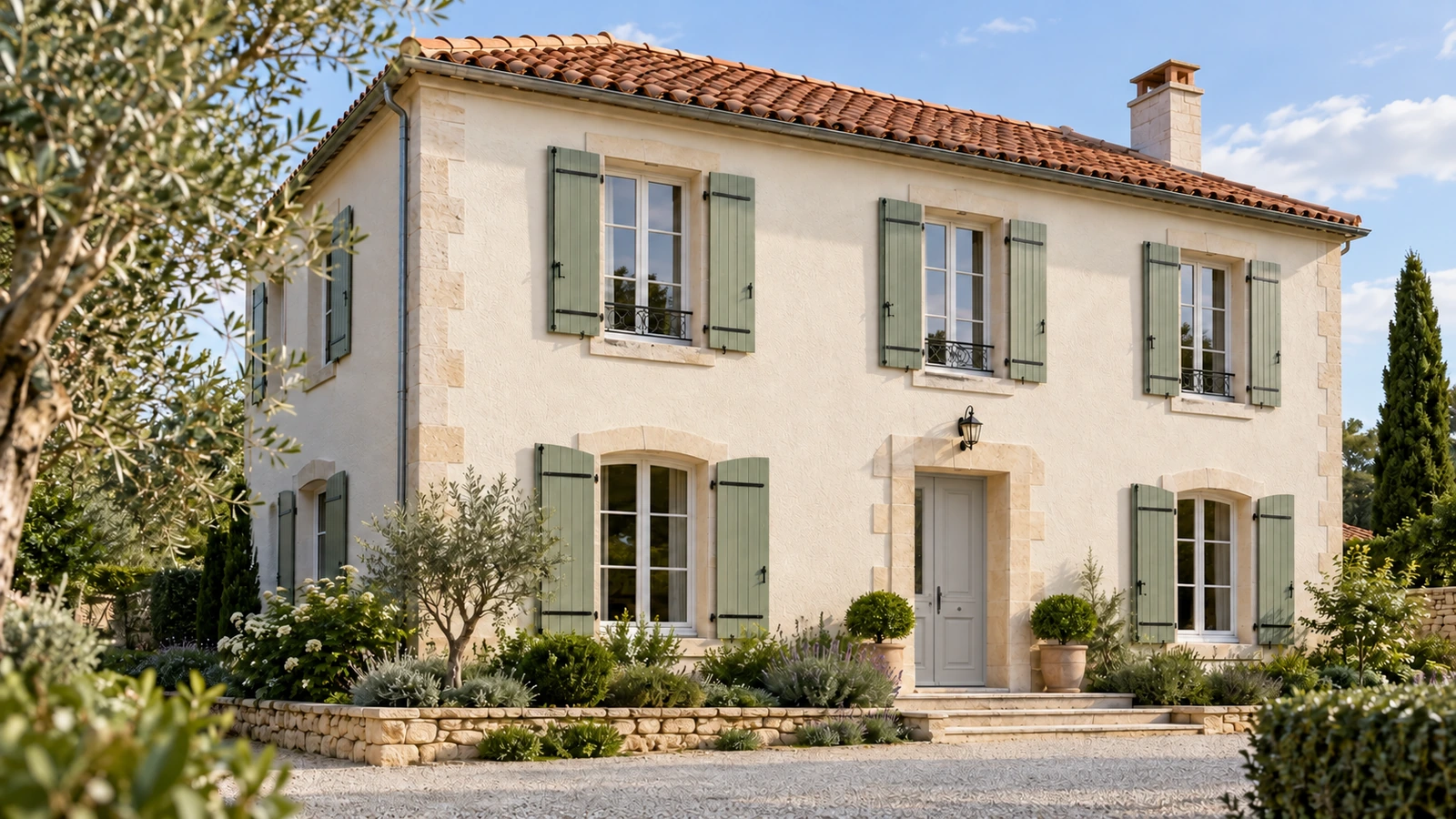 Maison avec une façade blanc cassé et des volets vert sauge