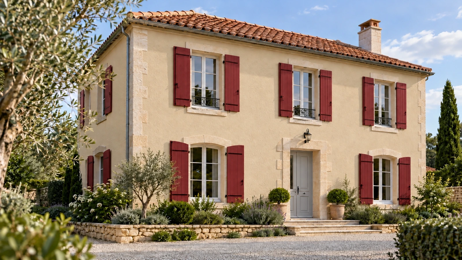 Maison avec une façade beige sable et des volets bordeaux