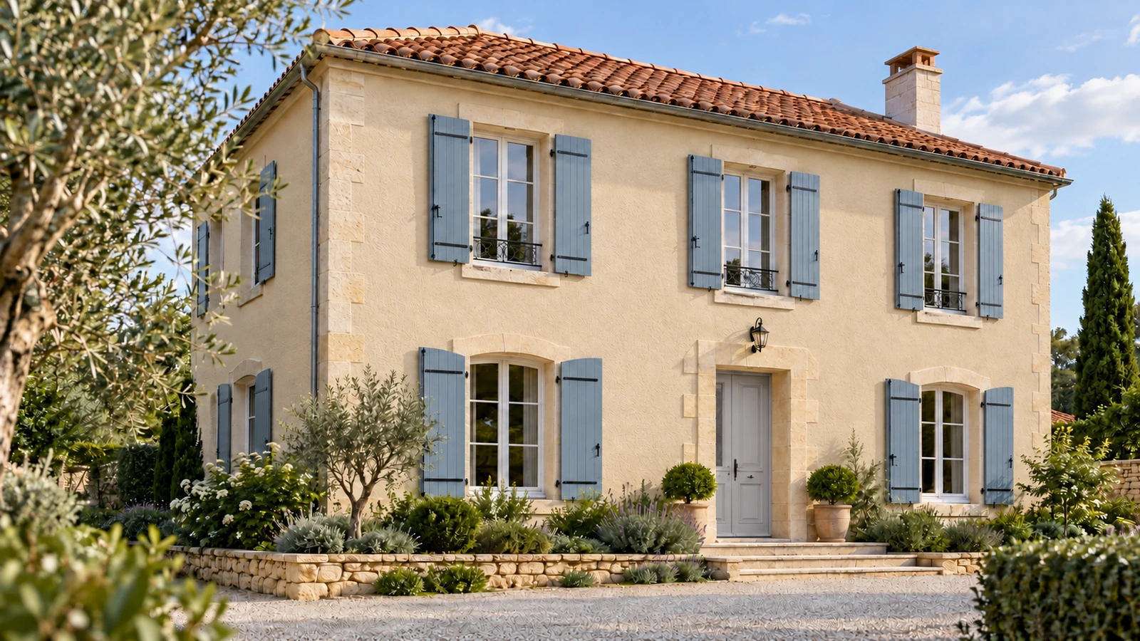 Maison avec une façade ton pierre et des volets bleu grisé