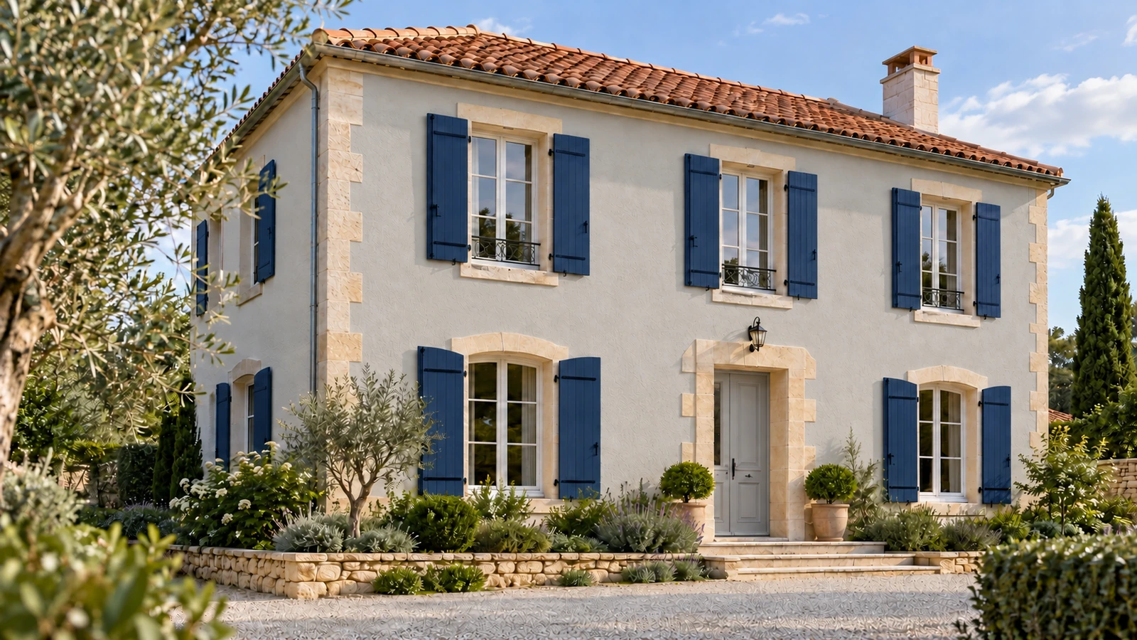 Maison avec une façade gris clair et des volets bleu marine