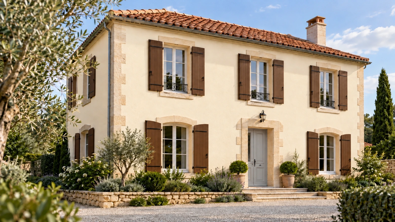 Maison avec une façade crème et des volets bruns