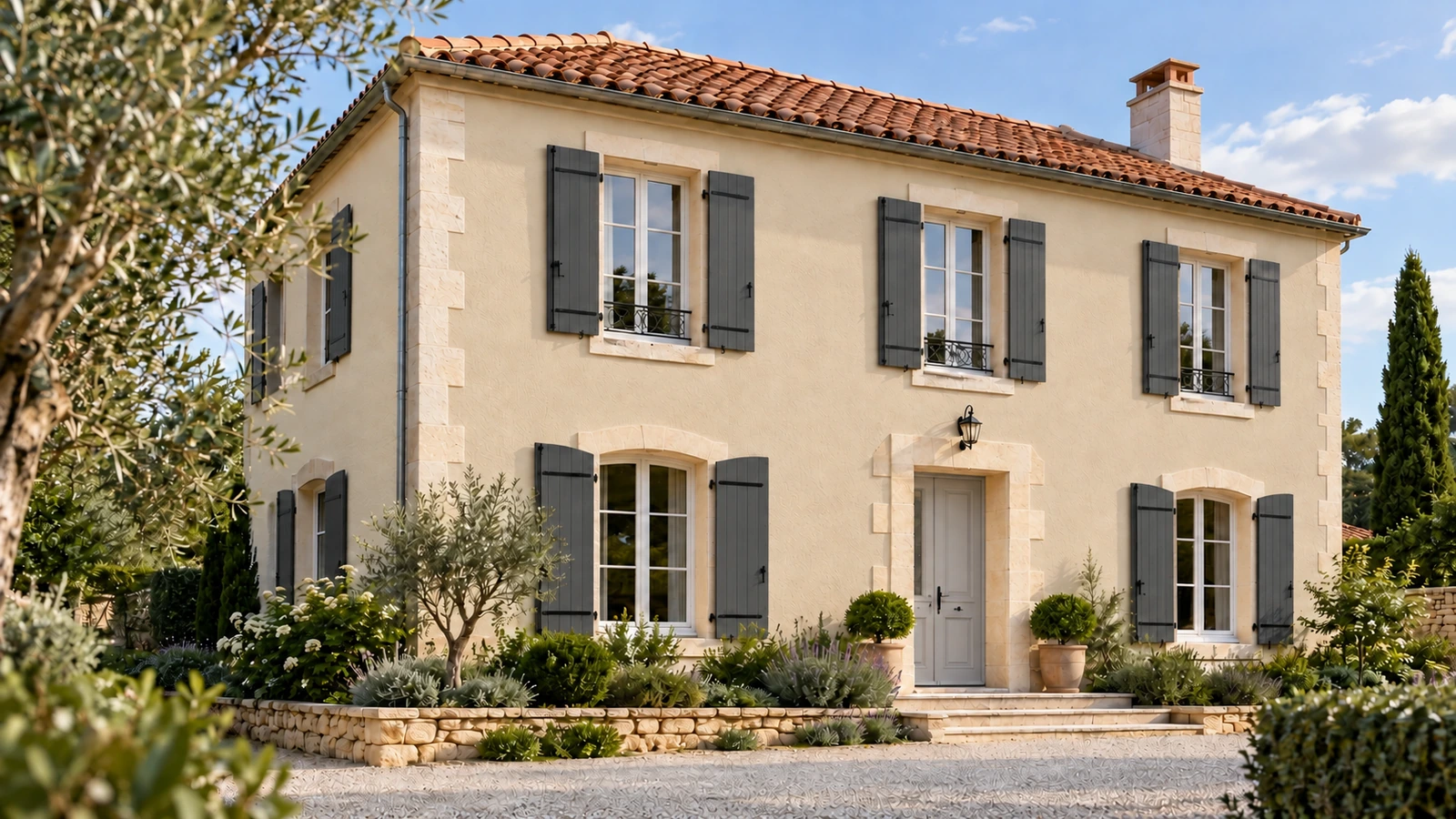 Maison avec une façade beige clair et des volets anthracite