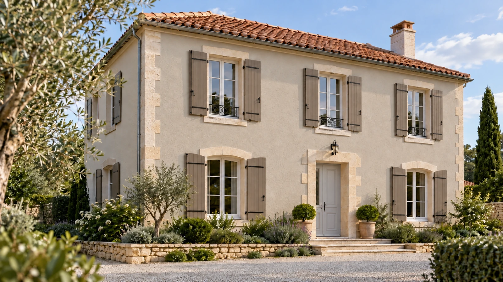 Maison avec une façade greige et des volets taupe
