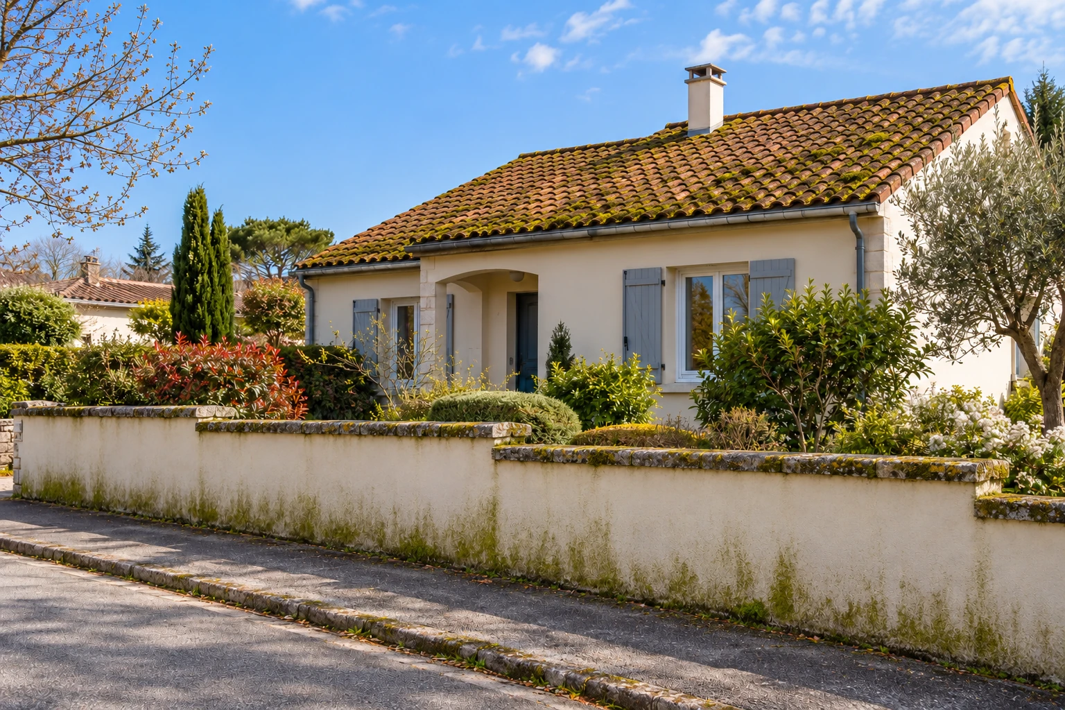 Maison au toit de tuiles et murette de jardin présentant des traces de végétation