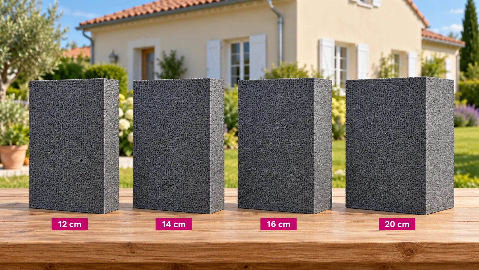 Quatre panneaux isolants présentés devant une maison rénovée, identifiés 12, 14, 16 et 20 cm