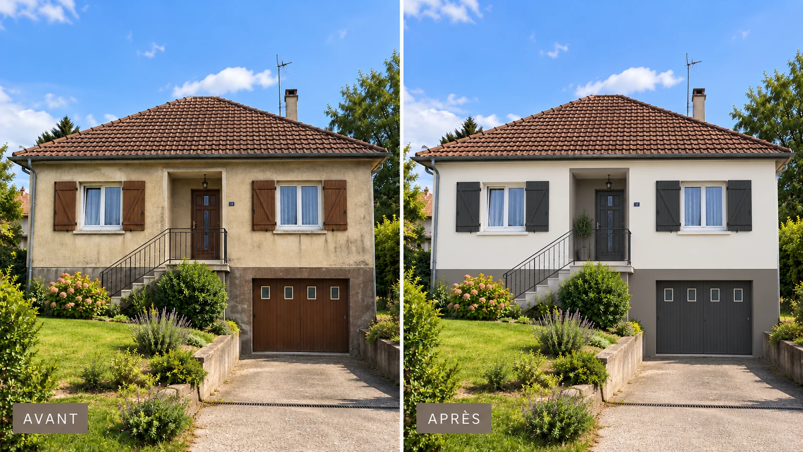 Avant après de la rénovation de façade d’une maison des années 70–80 en blanc cassé, gris et anthracite