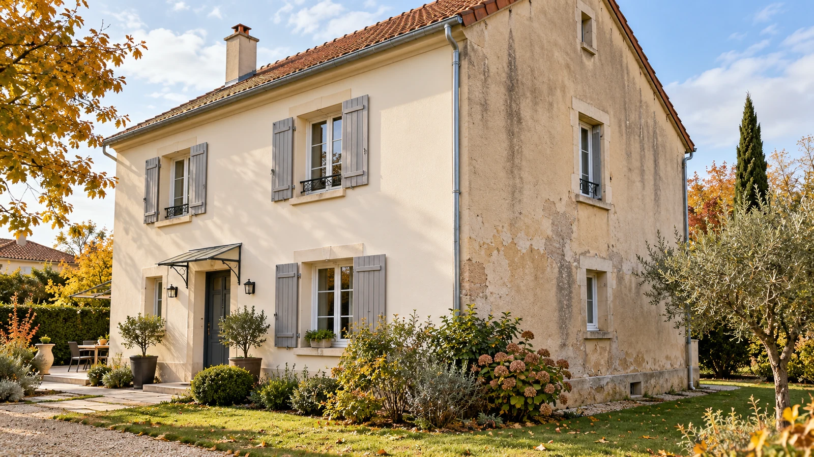 Maison vue en angle avec une façade claire et un mur latéral plus marqué par les intempéries