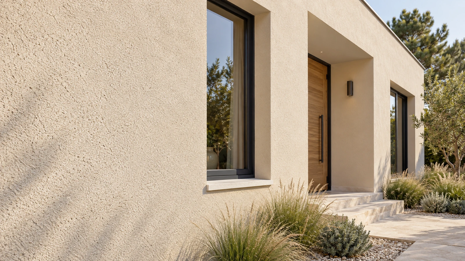 Maison contemporaine beige avec enduit gratté, menuiseries anthracite et porte en bois