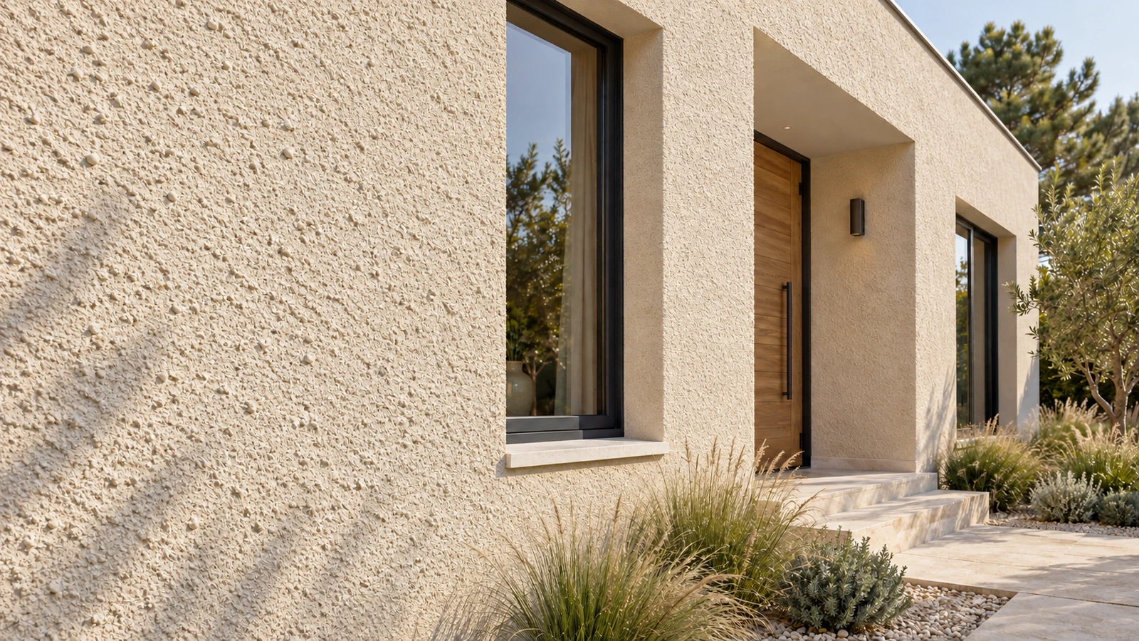 Maison beige avec finition d’enduit projetée présentant un relief marqué