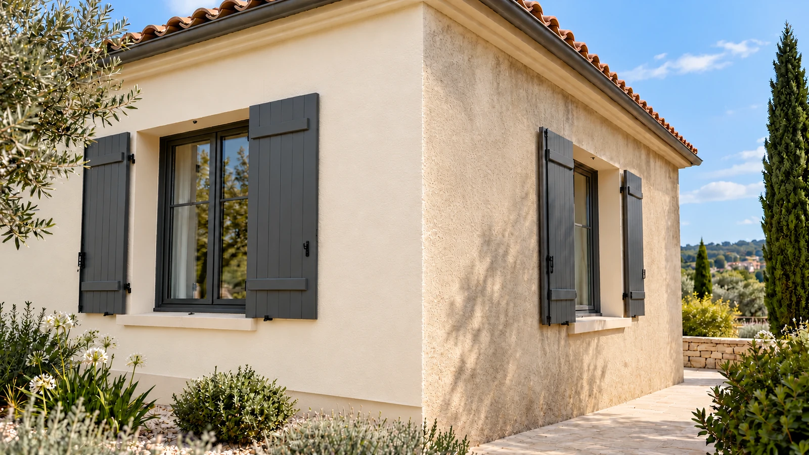 Angle de maison avec une façade rénovée, une plinthe en retrait et un mur adjacent ancien conservé