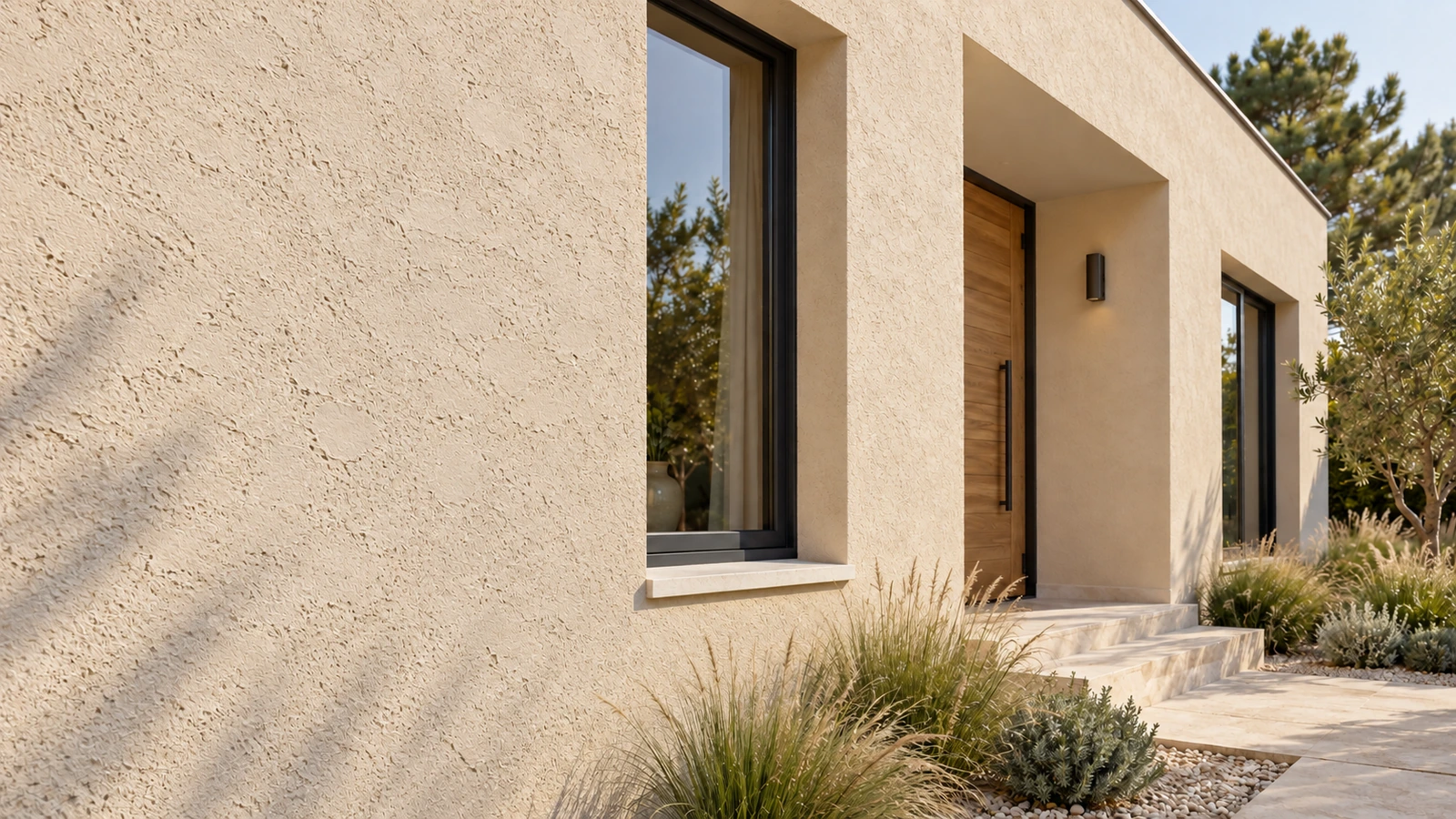Même maison beige avec finition d’enduit écrasée, reliefs aplatis et creux visibles